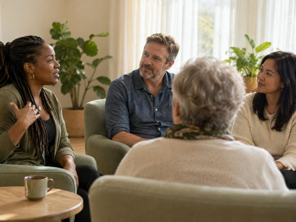 Four people sitting together in a warm living room having a supportive group conversation