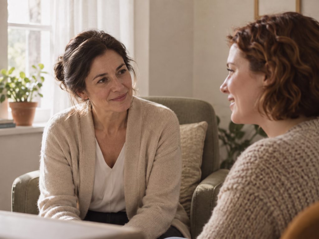 A warm, welcoming conversation between two people, representing a first conversation with The Newly