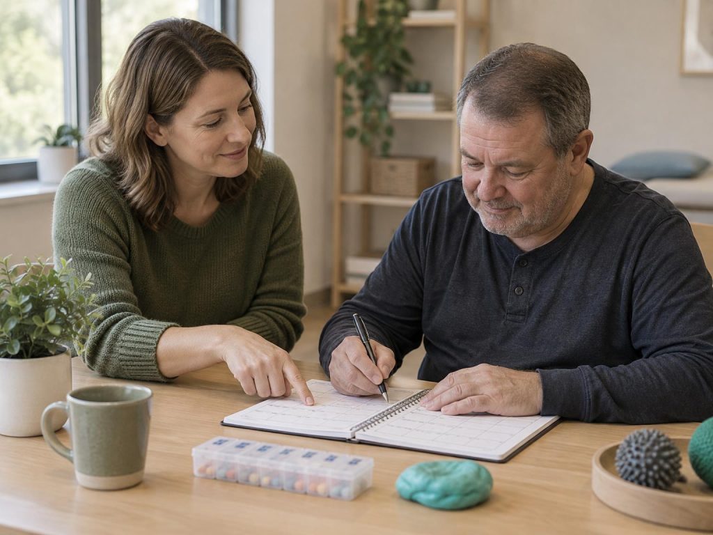 An occupational therapist working with a client on daily functioning and routines